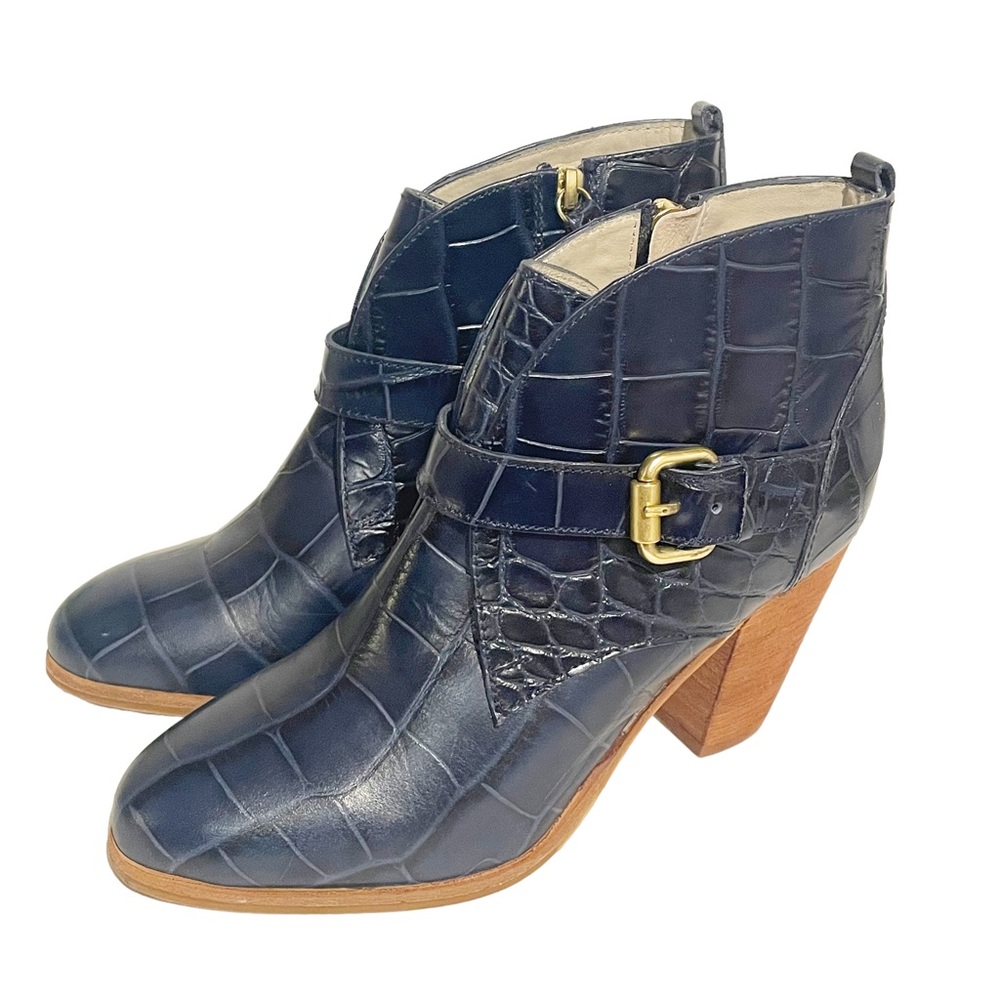 Boden Size 37 6.5 Blue Croc Leather Carlisle Ankle Bootie Gold Buckle Block Heel